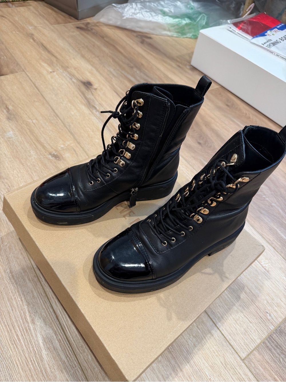 Black Women's Lace-Up Combat Boots with Gold  Color Hardware
